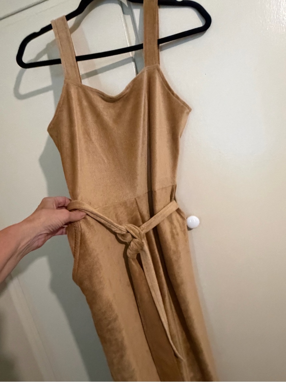 Never worn Women's Tan Sleeveless Belted pantsuit with pockets corduroy/velvety